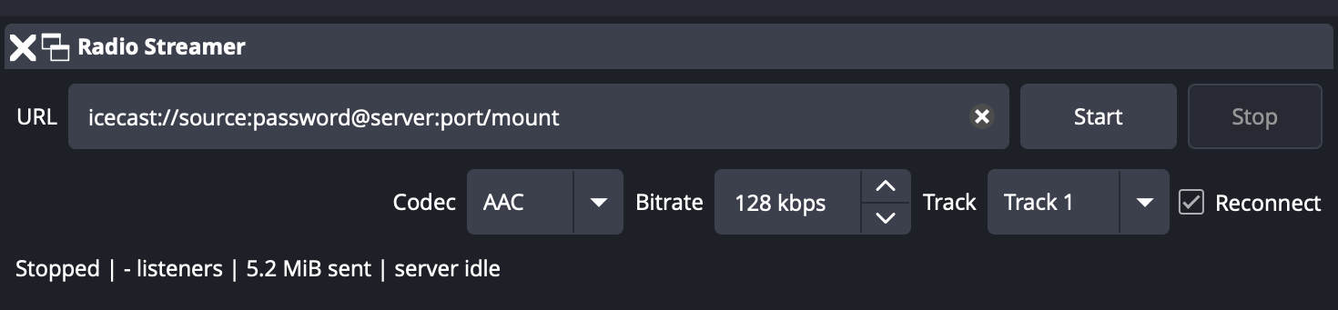 Radio Streamer dock in OBS Studio: Icecast URL field, Start and Stop buttons, codec, bitrate, and track selectors, Reconnect checkbox, and a status line showing listener count and bytes sent.